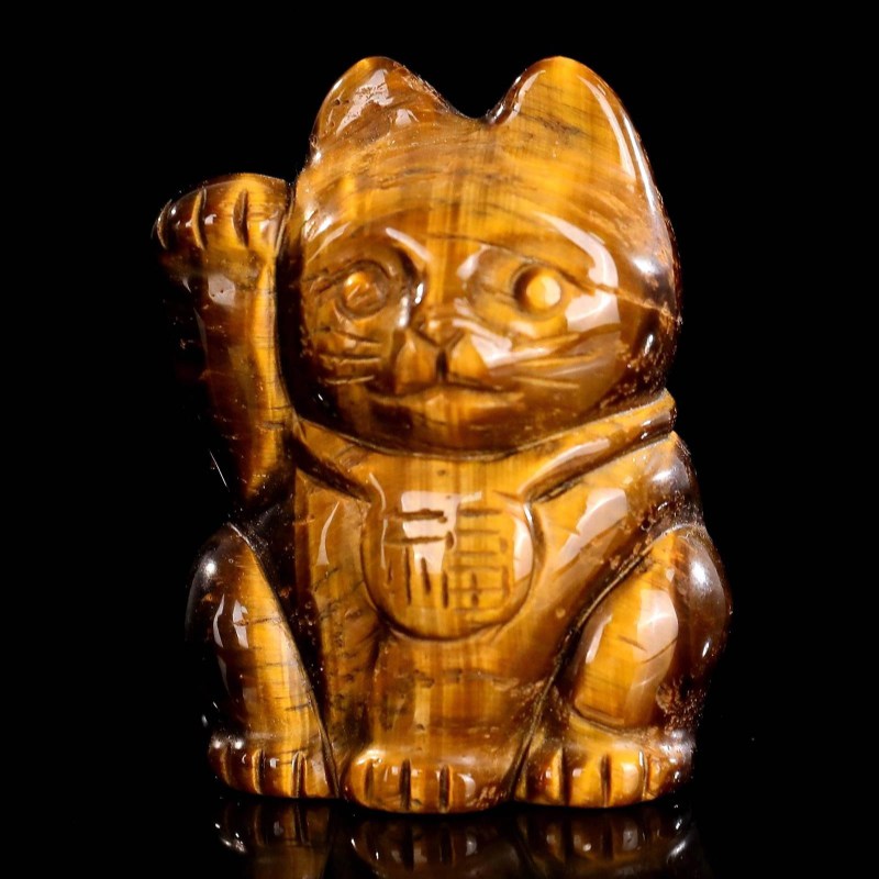Maneki Neko sculpté en œil de tigre (vente en gros) | Figurine de chat porte-bonheur en pierre naturelle pour le Feng Shui et la prospérité